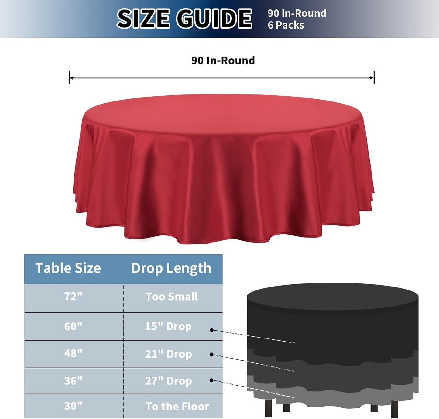 PureFit 6 Pack Round Red Table Cloths 90 Inch, Stain and Wrinkle Resistant Table Linens for Home Use, Wedding, Party, Banquet and Camping