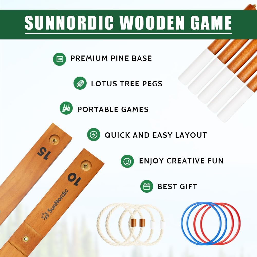 Wooden Ring Toss Game Set, Backyard Beach Camping Game with Toss Rings & Portable Carrying Bag, Outdoor Lawn & Yard Games for Kids, Adults & Family