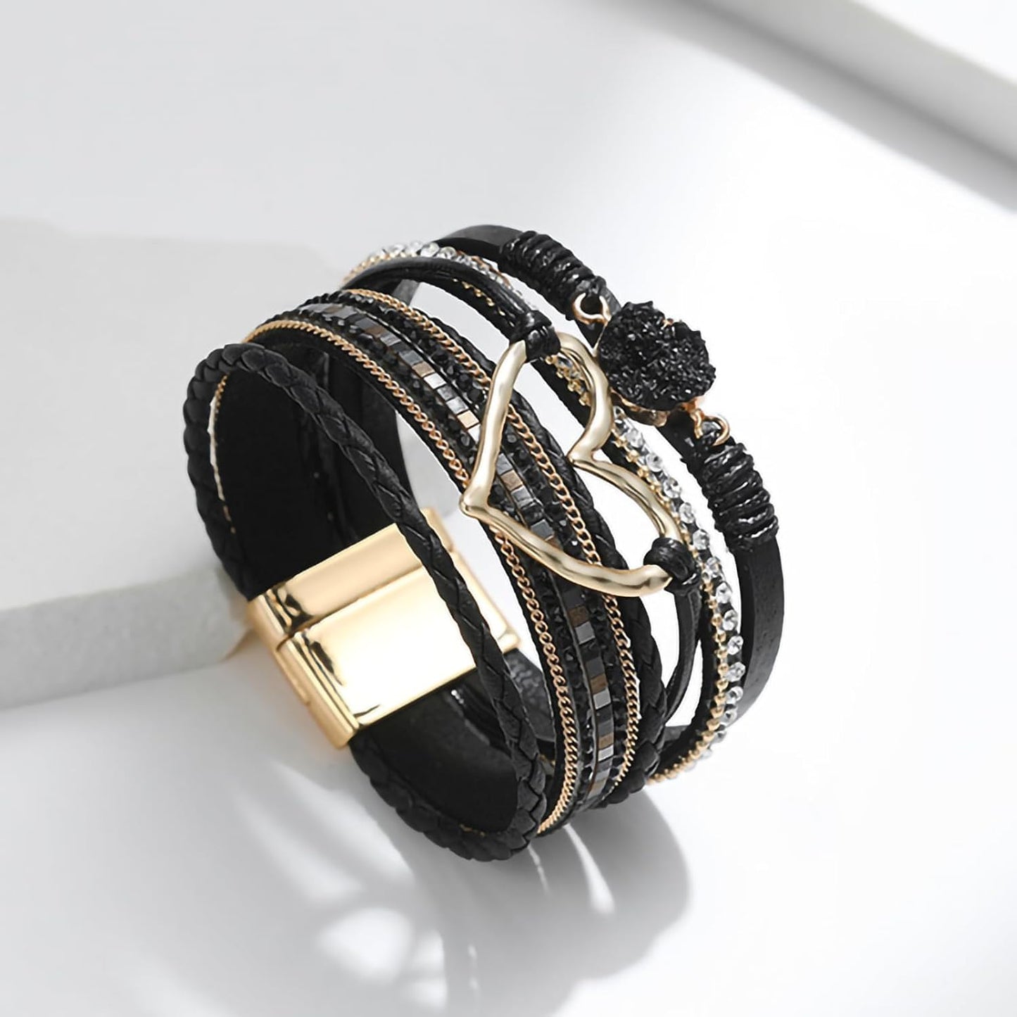 Fesciory Leopard Bracelet for Women, Boho Leather Wrap Multi-Layer Pearl Crystal Bracelet Bangle Jewelry