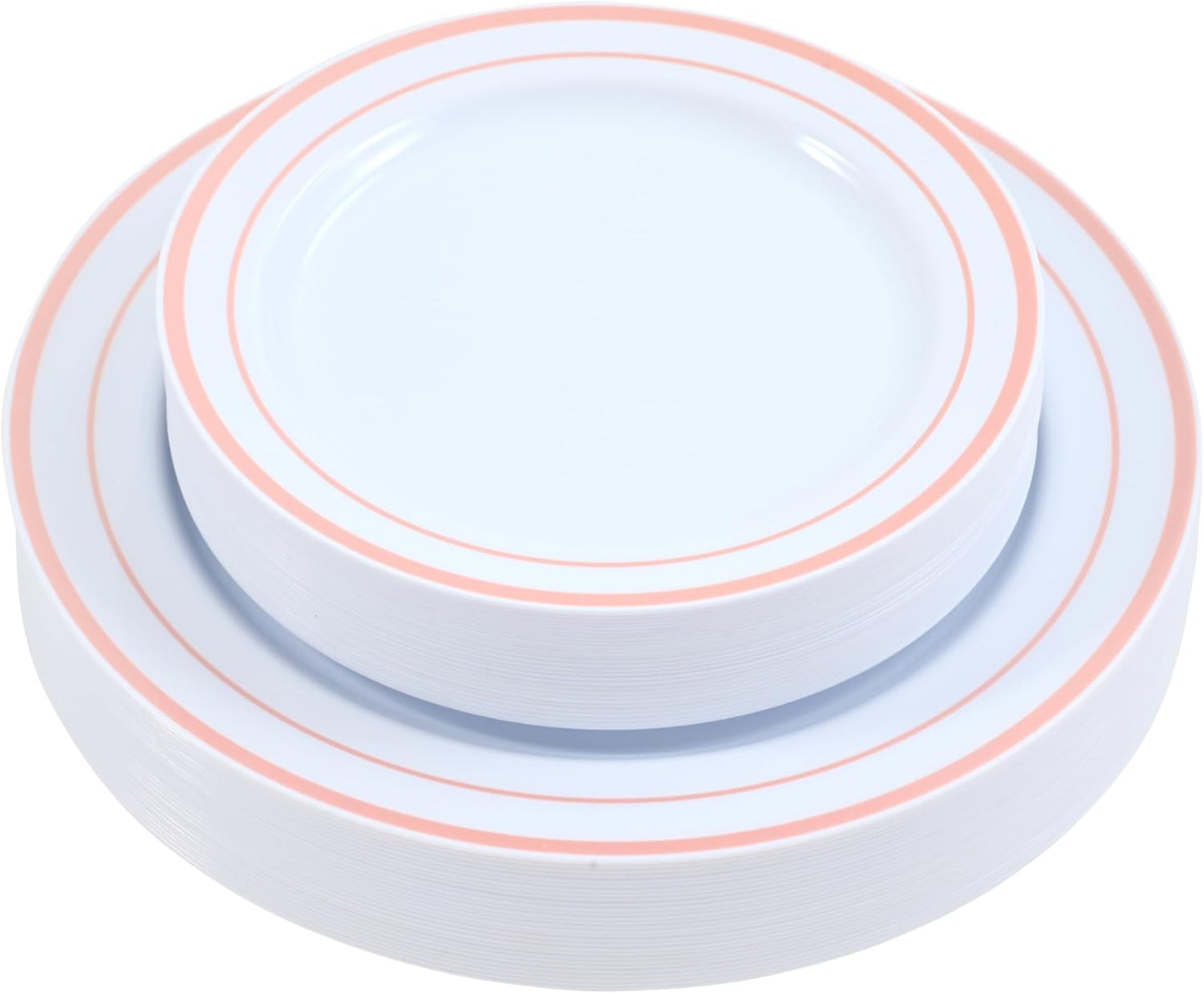 120-Piece Plastic Plates Set Premium 60 Dinner & 60 Salad Plates Pack, Disposable Plates for Party - White Plastic with Pink Rim