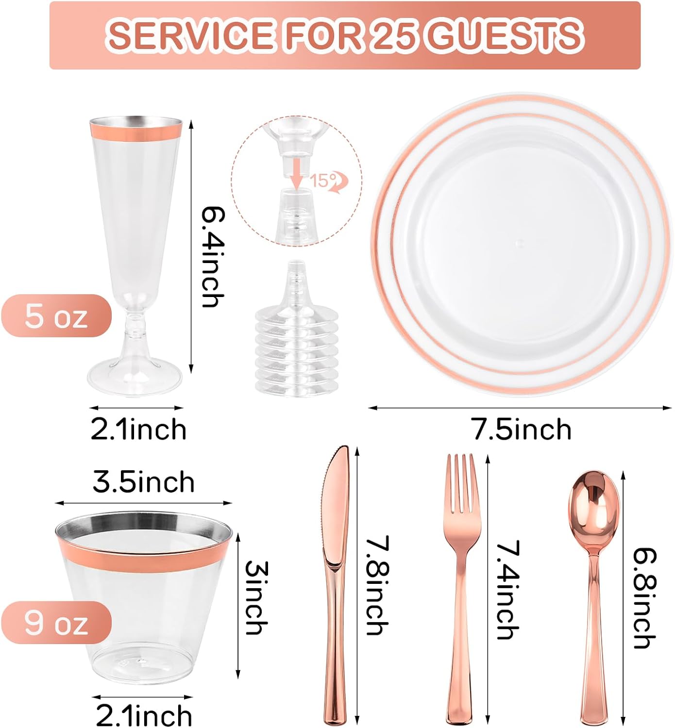 JIURUN 150PCS Rose Gold Plastic Plates Set for 25 Guests, Disposable Dinnerware Set of 25 Dinner, 25 Cups & Champagne Flutes Cups, 25 Spoons, Forks & 25 Knives for Birthday, Wedding & Party Supplies