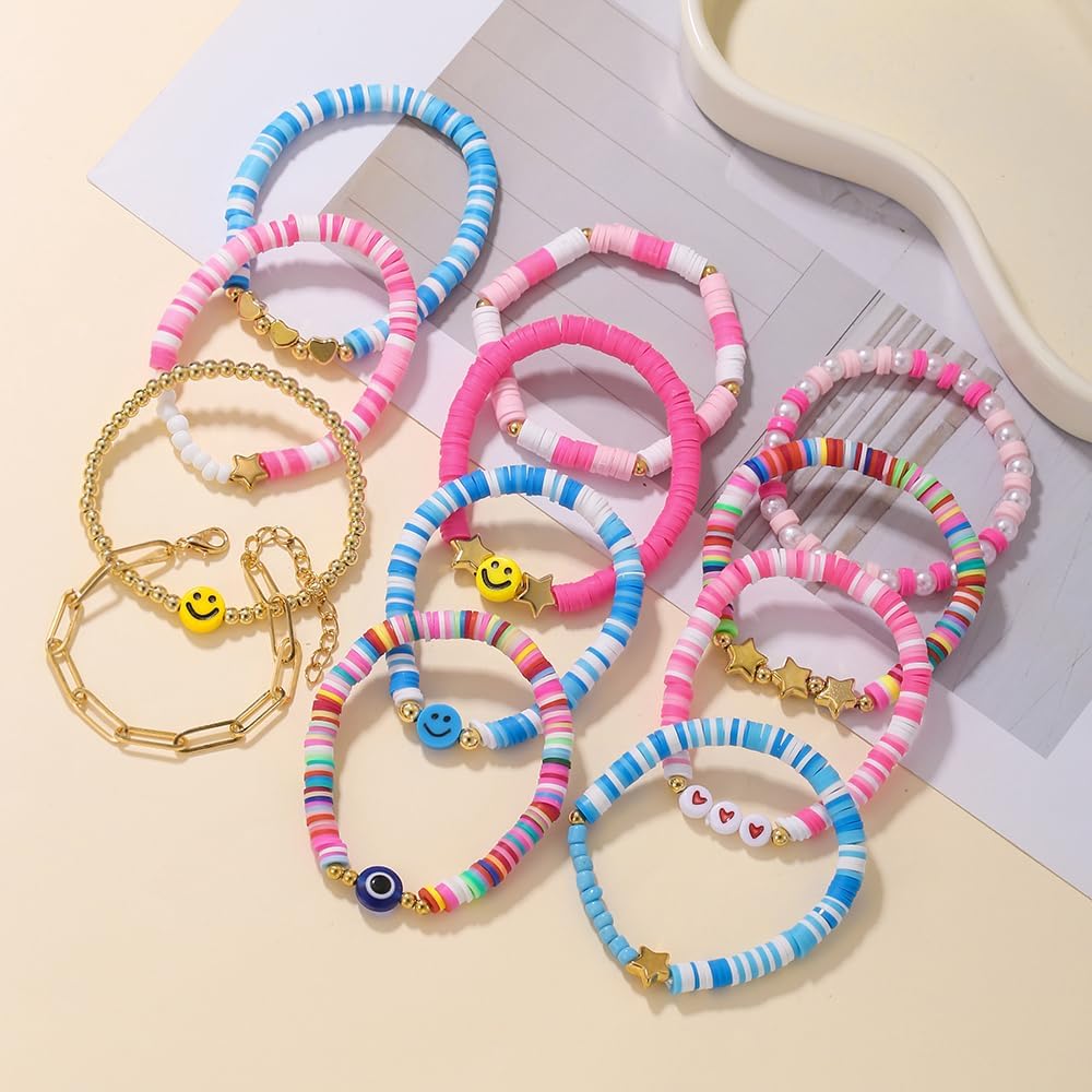 Friendship Bracelets Boho Stackable Bracelets for Women Surfer Heishi Clay Bead Bracelets Stretch Preppy Bracelets Colorful Boho Bracelets for Women