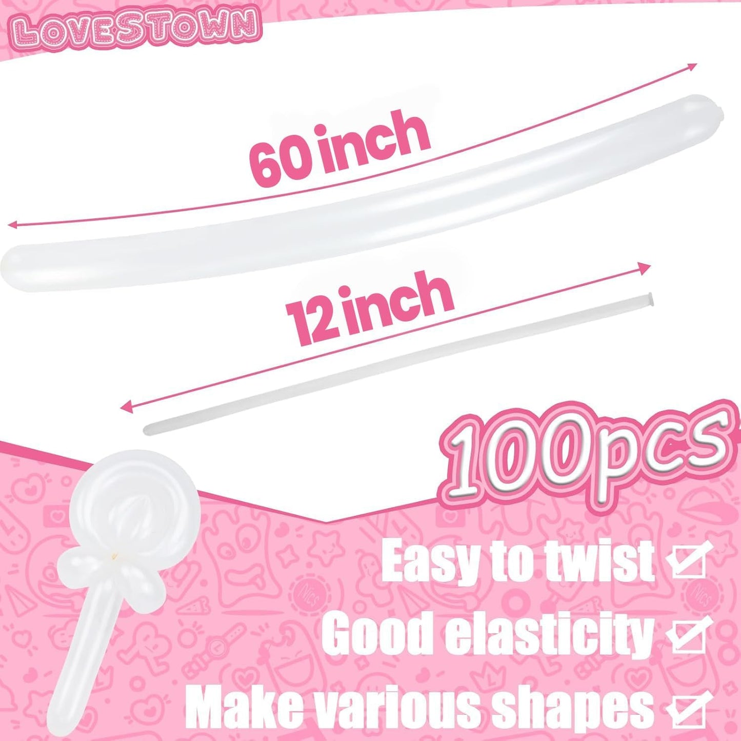 LovesTown 100PCS 260 Long Balloons, White Magic Balloons Thicken Latex Twisting for Birthday Wedding Party Decorations Ballon Arch