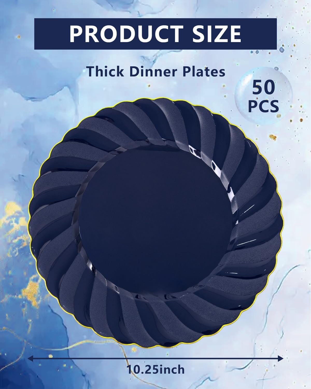 YOUBET 50 Pack Blue Scalloped Plastic Plates - 10.25 Inch Navy Blue Disposable Plates with Gold Rim - High End Elegant Vintage Dinner Plate for Birthday Parties & Wedding