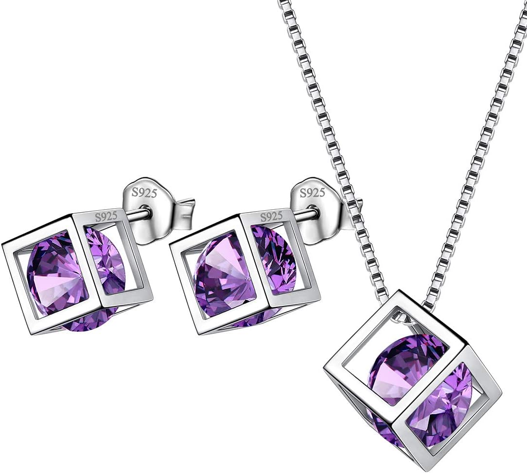 Aurora Tears Birthstone Necklace/Earring 925 Sterling Silver Women Cross/3D Cube/Cresent Moon Birth Stone Jewelry Mens Birthday Gift Anniversary Present