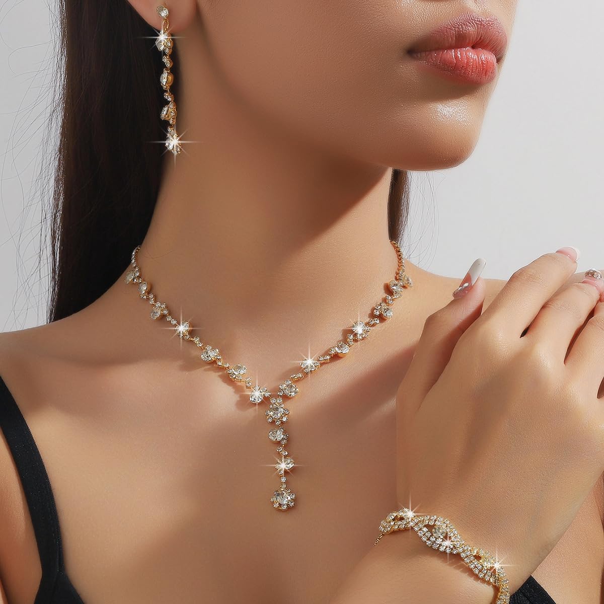 Prom Earrings Necklace Bracelet Set Elegant Crystal Rhinestone Necklace Earrings Bracelet Bridal Wedding Prom Dresses Costume Outfit Gold Jewelry Sets for Women