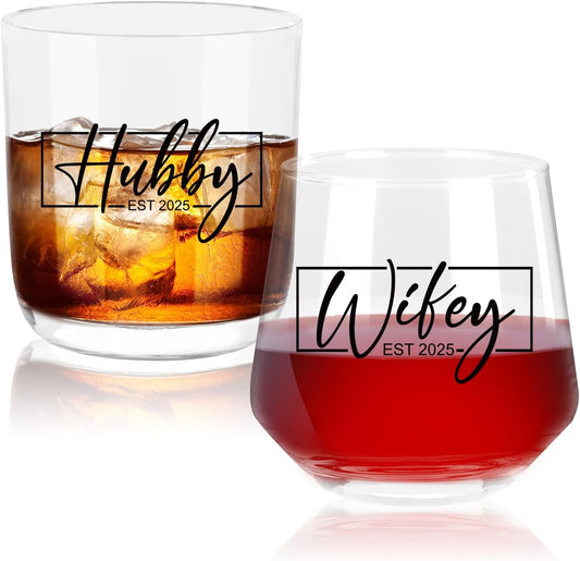 Ithmahco Wedding Gifts for Couples, Hubby & Wifey EST 2025 Wedding Glass Sets, Bridal Shower Gifts for Bride and Groom, Mr and Mrs Gift，Newly-Married Anniversary for Him/Her