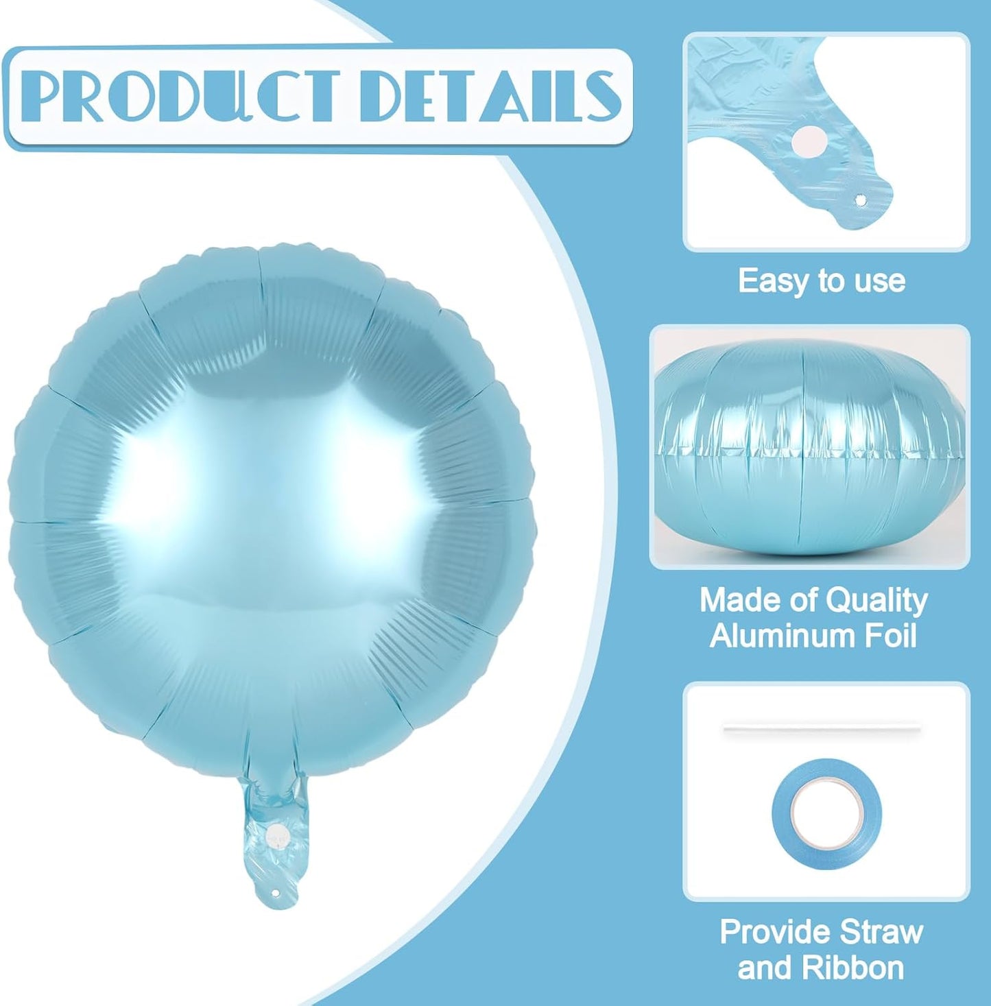 20 Pcs Light Blue Round Shaped Balloons,18 Inch Round Foil Balloon,Giant Round Mylar Balloon Helium Balloons for Birthday Party Baby Shower Wedding Decorations (Light Blue)