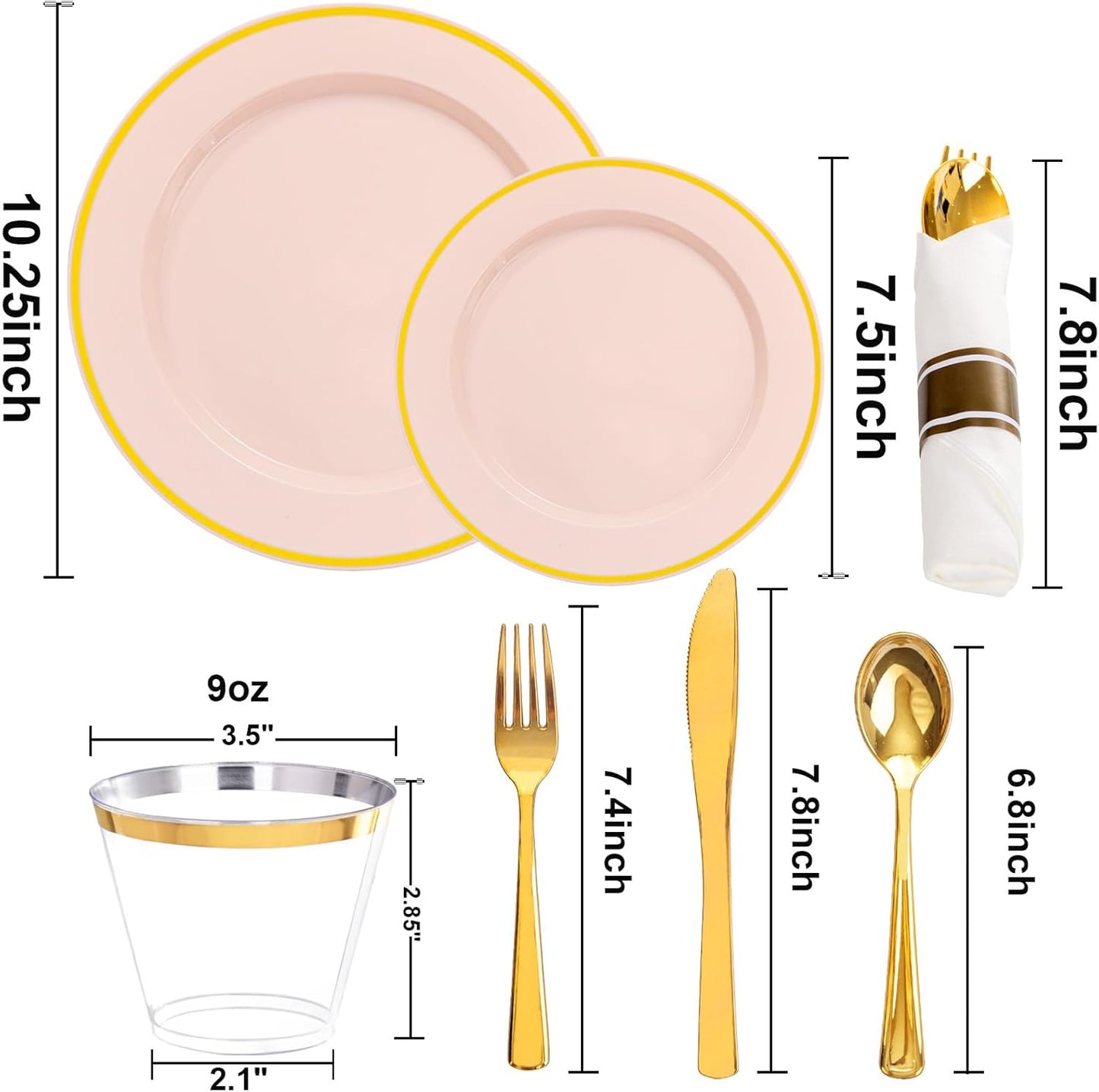 SUT 350 Pcs Pink and Gold Plastic Dinnerware Set for 50 Guests, Include: 50 Dinner Plates, 50 Dessert Plates, 50 Pre Rolled Napkins With Silverware, 50 Cups, Disposable Plates for Baby Shower, Party