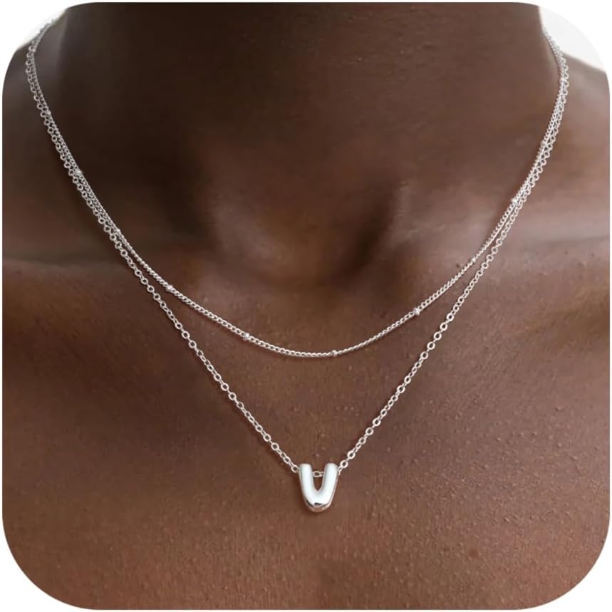 Bubble Letter Necklace Layered Initial Necklaces for Women Dainty Cute Choker Pendant Stack Jewelry Teen Gift Trendy Stuff