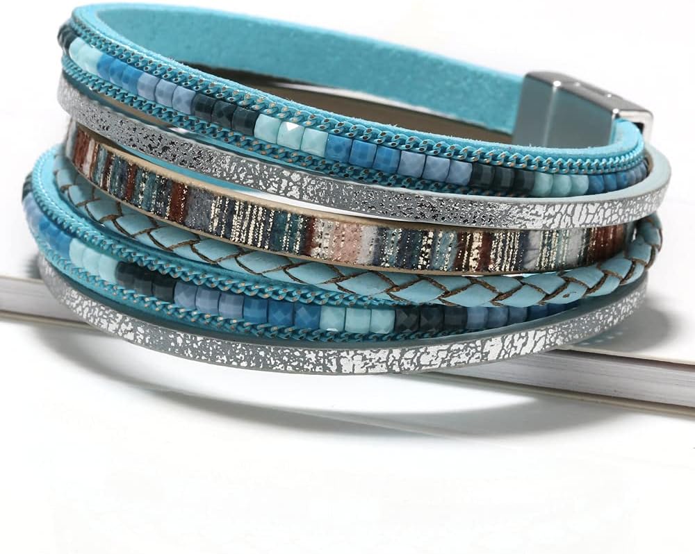 Fesciory Leather Wrap Bracelets for Women, Boho Leopard Multi-Layer Crystal Beads Cuff Bracelet Jewelry