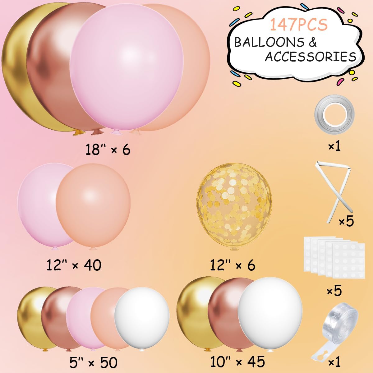 Rose Gold Balloon Arch Kit, 147Pcs Metallic Gold White Pastel Nude Pink and Rose Gold Balloons Garland with Confetti for Wedding Bridal Baby Shower Princess Girl Birthday Party Decorations