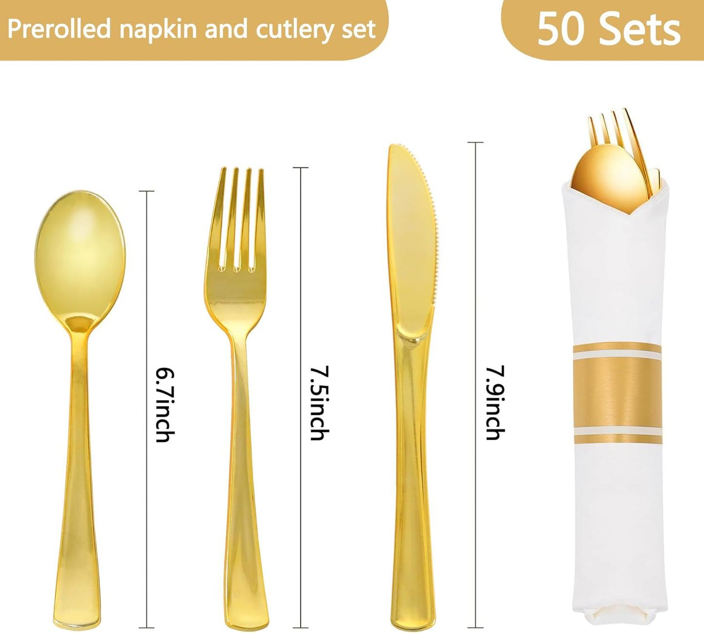 50 Pack Pre Rolled Gold Plastic Silverware Set,Wrapped Plastic Cutlery Set with Napkin Include 50 Forks,50 Spoons,50 Knives and 50 White Napkins for Party,Wedding