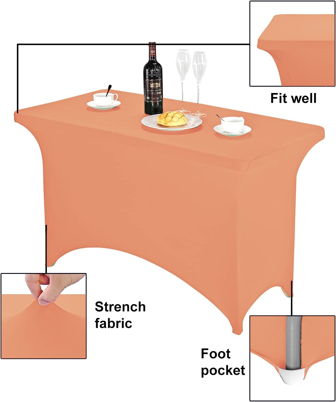 FORLIFE Spandex Table Cover - Fitted 4ft Rectangular Tablecloth, Stretch Patio Cover - Universal for Wedding, Banquet, Party (Peach)