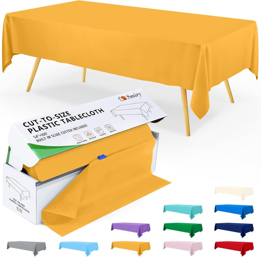 Smiry 54 Inch x 300 Feet Disposable Table Cover Roll, Mustard Yellow Plastic Table Cloth in Cut-to-Size Box with Slide Cutter, Waterproof Rectangle Tablecloths for Weddings, Banquets, Outdoor