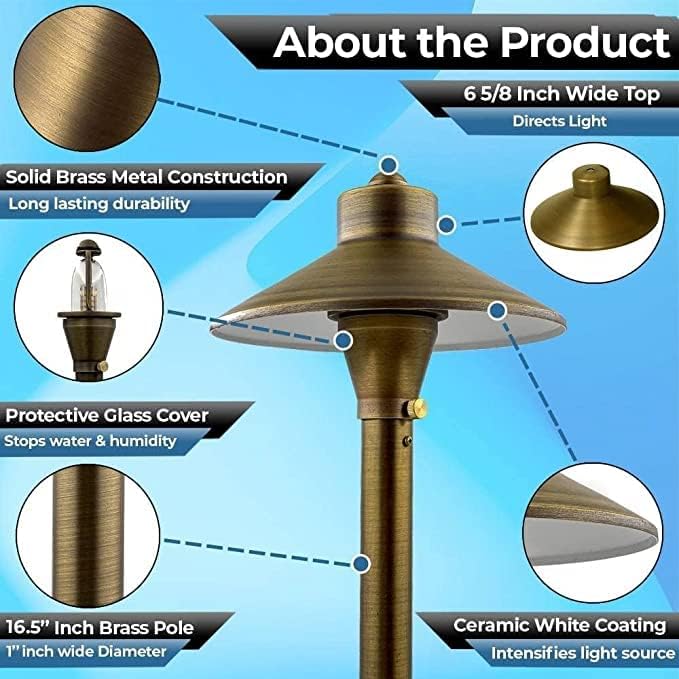 LED Low Voltage Pathway Lights 121- Solid Brass Outdoor Landscape Lights for Garden Pathway & Driveway Outdoor Lighting, 12V Landscape Lighting with Ground Stake & G4 LED Bulb (4 Pack Wide Top 8-1/2")