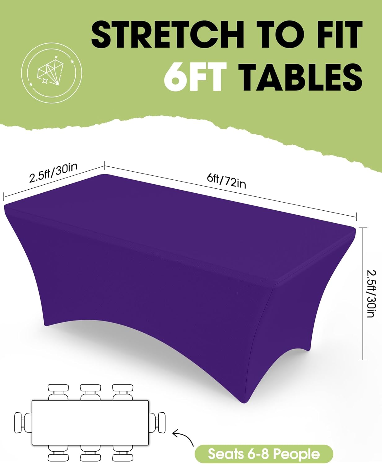 Pureegg Spandex Tablecloth 6ft - 6 Pack, Fitted and Stretch Table Cover for Rectangle Tables, Wrinkle-Resistant and Secure Fabric for Outdoor, Picnic, Party, Wedding, Banquet and Birthday, Purple
