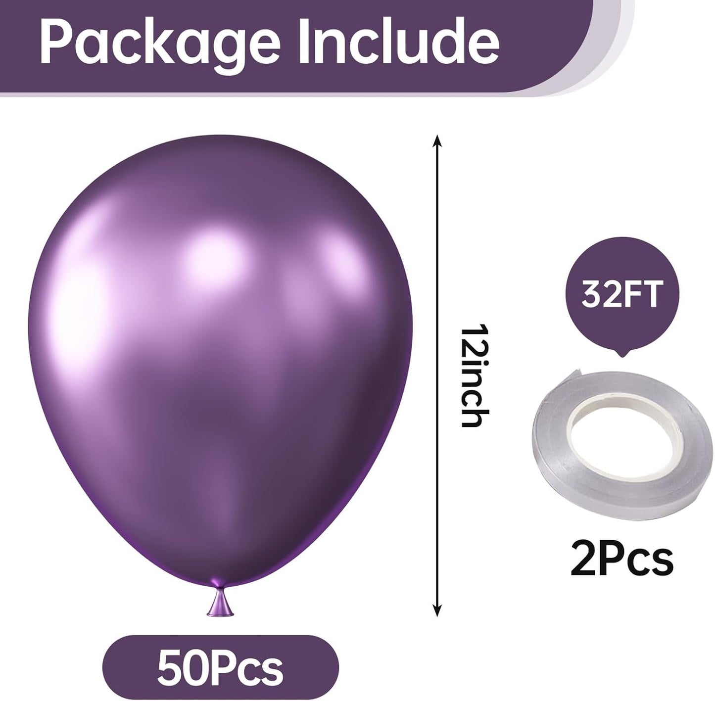 KALOR 12 Inch Metallic Purple Balloons, 50 Pcs Latex Helium Metallic Balloons for Kid's Birthday Party, Baby Shower, Wedding, Graduate Party Decorations