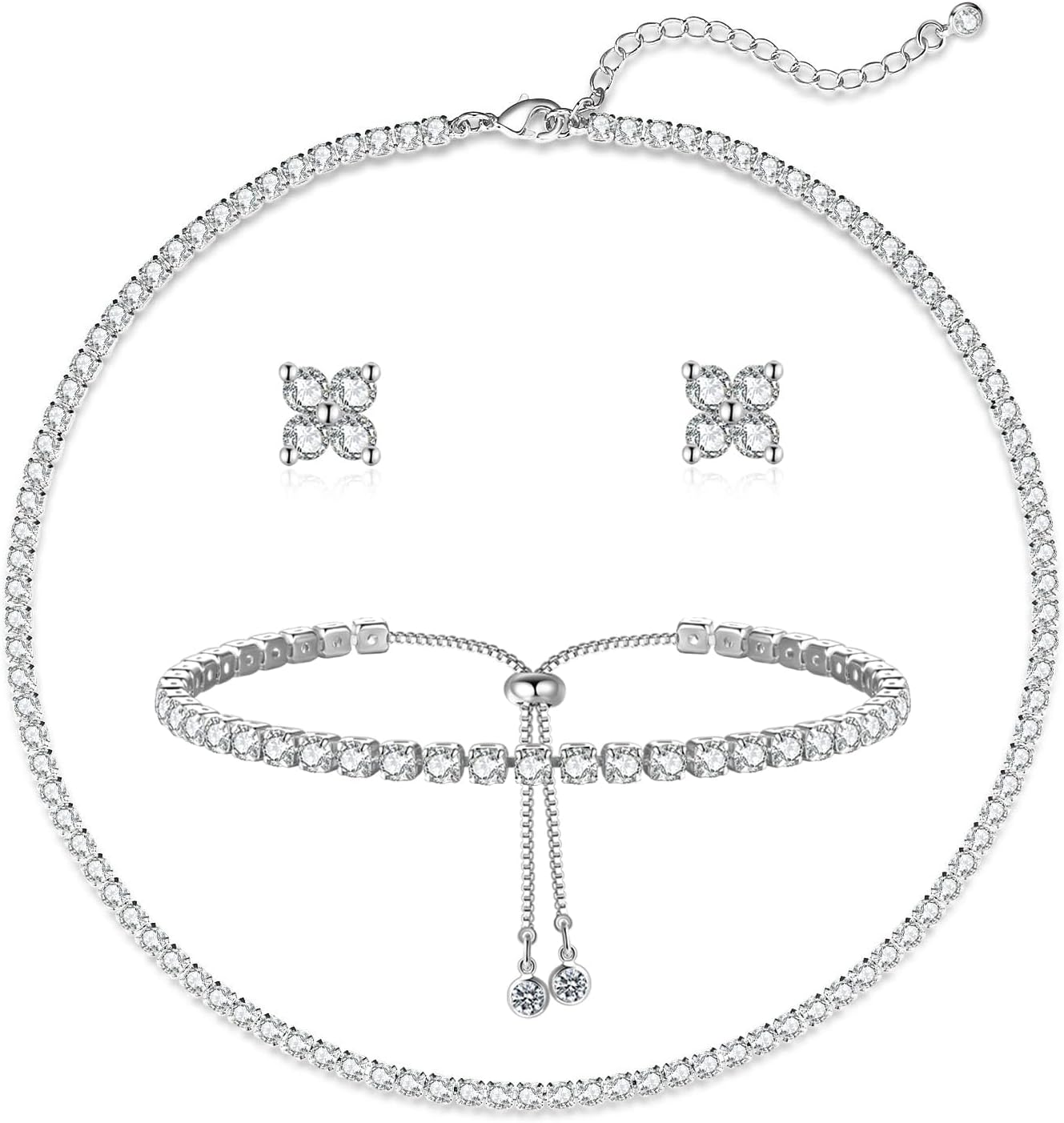 Luxval Tennis Necklace Set for Women Tennis Bracelets Diamond Earrings Sterling Silver Necklace Wedding Jewelry for Bride Silver Jewelry Sets for Women Gift