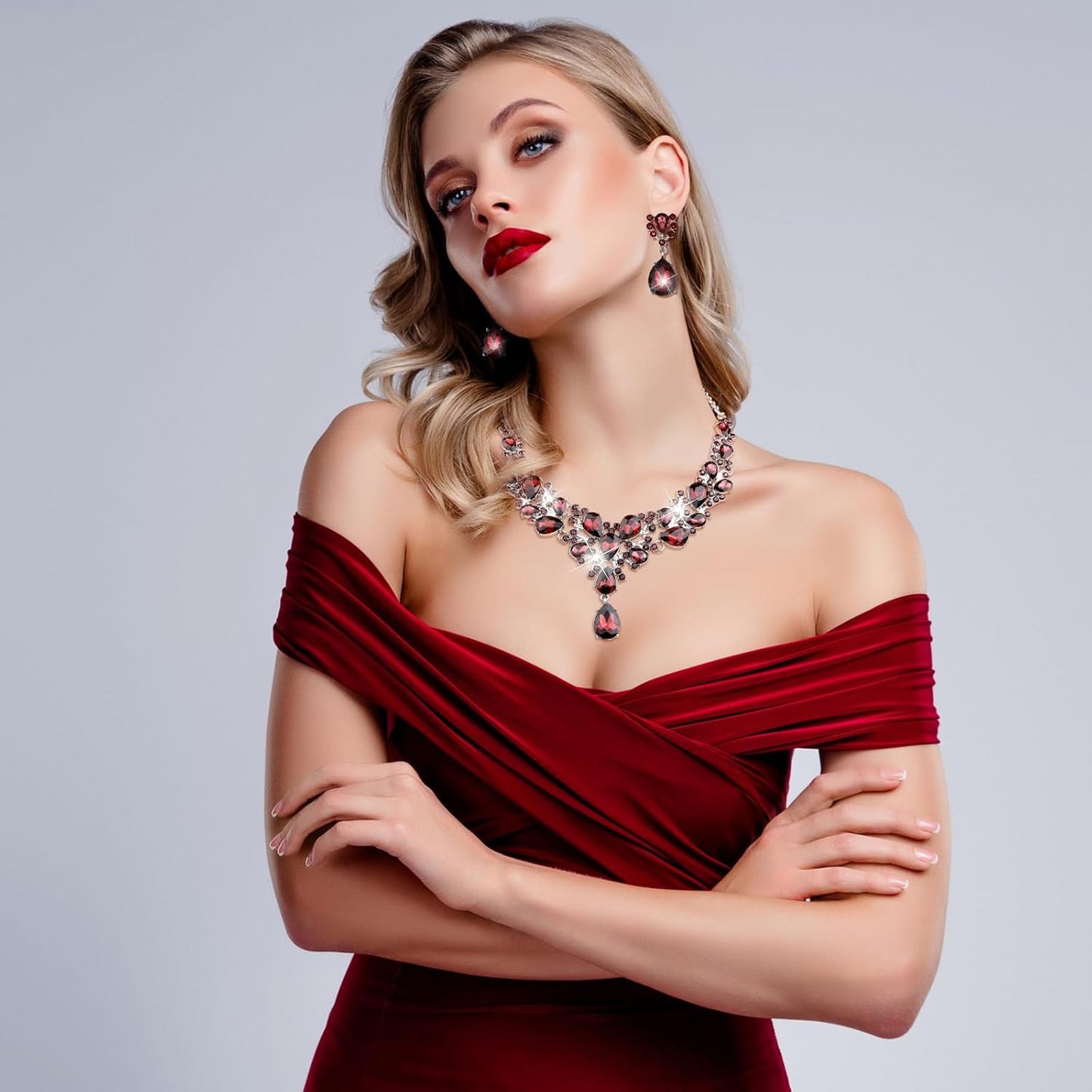 Hicarer Bridal Teardrop Cluster Crystal Jewelry Set for Women Necklace Earrings Wedding