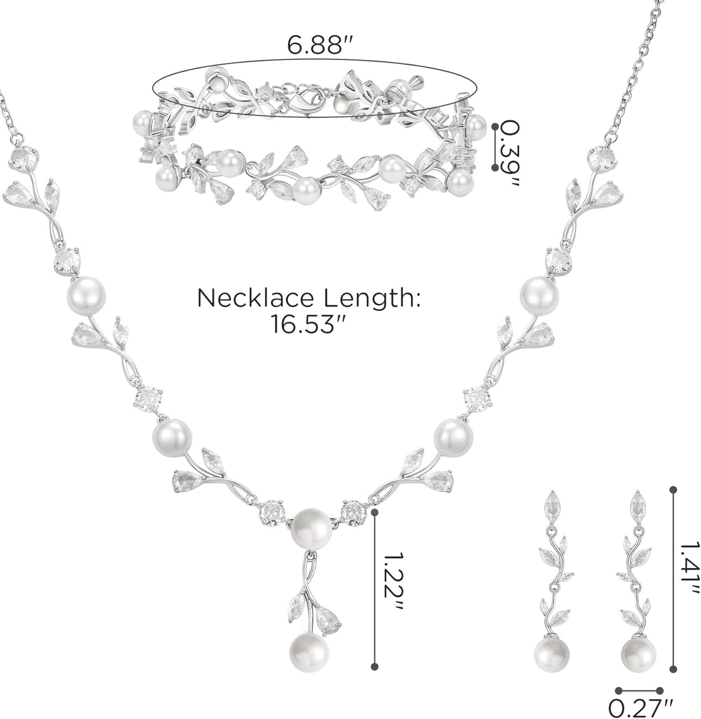 SWEETV Jewelry Set for Bride Women, Cubic Zirconia Pearl Bridal Earrings Necklace Bracelet Set, Bridal Jewelry Set for Wedding Prom