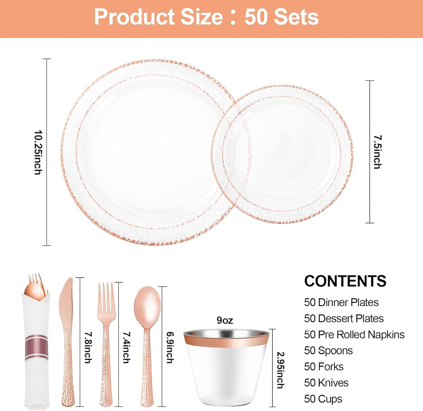 350PCS Clear Plastic Plates with Rose Gold Trim for 50 Guests, Disposable Dinnerware Set for Party, Wedding, Include 100 Plastic Plates, 50 Pre Rolled Napkins with Silverware, 50 Cups