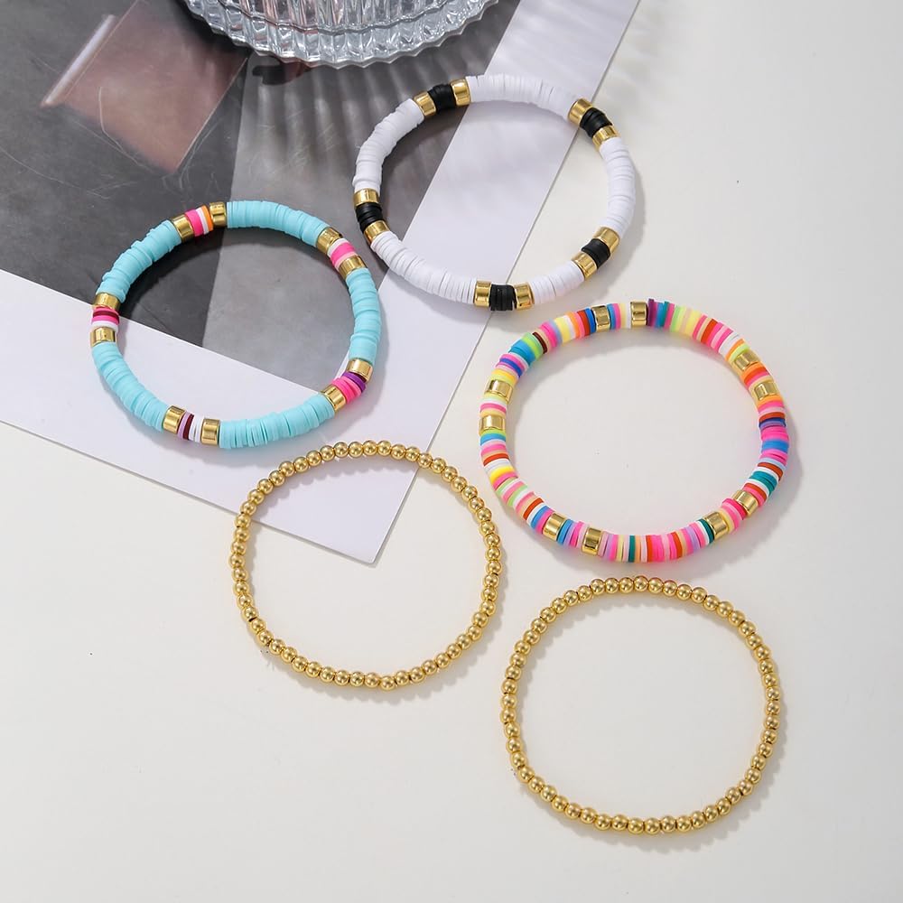 Friendship Bracelets for Women - Heishi Surfer Colorful Smile Evil Eye Clay Beaded Stretch Bracelets Elastic Layering - Stackable Boho Disc Y2K Aesthetic Summer Jewelry Set.