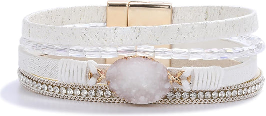 FANCY SHINY Leather Wrap Bracelet Boho Cuff Bangle Bracelets Crystal Bead Bracelet with Magnetic Clasp Jewelry Gifts for Women