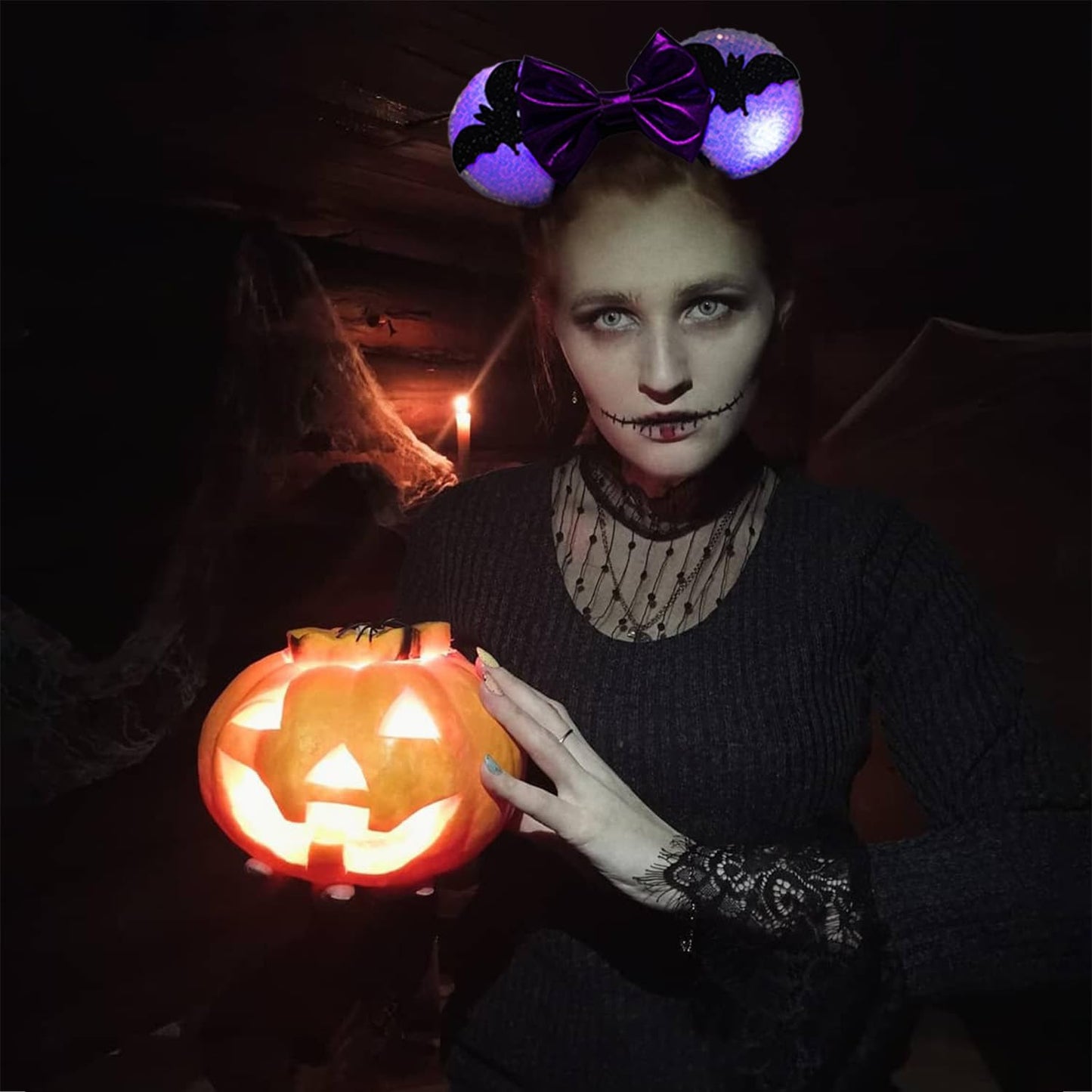 LED Mouse Ear Light Up Headband, Sequin Purple Bow Hairband, Flash Glowing Party Decoration Headwear Hair Accessories for Women Girls