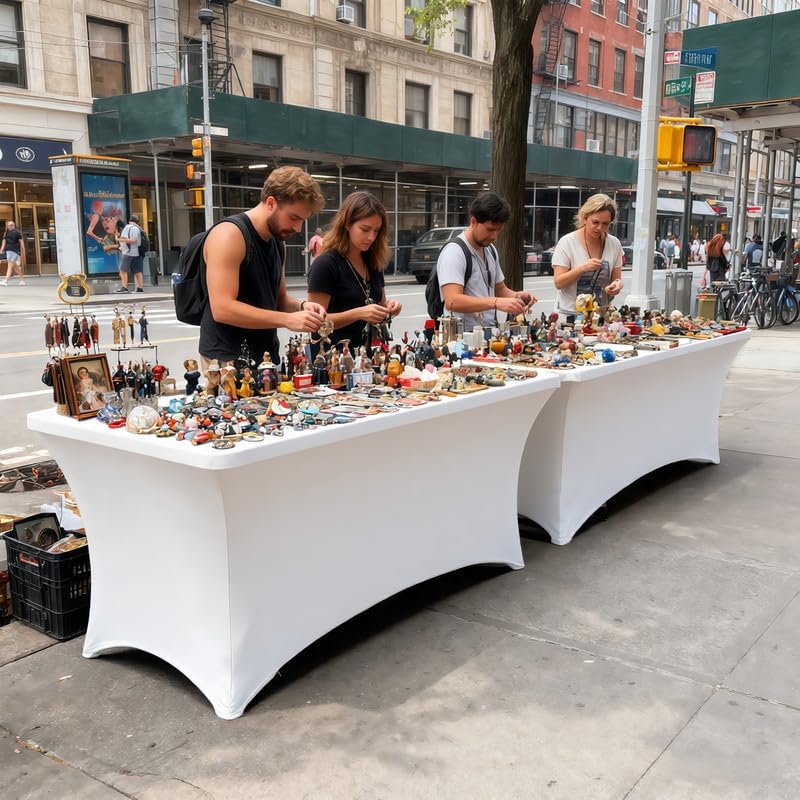 6 Pack 8FT Rectangular Spandex Tablecloth,Wrinkle Resistant Fitted Cover for 96x30 inch Banquet Table Cloth, Washable Stretch Fabric for Party, Events, Wedding, Vendor - White