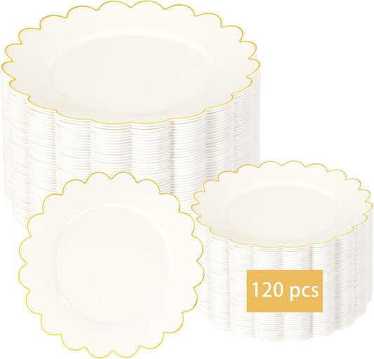 LIYH 120 Pcs Ivory Plastic Plates Disposable Heavy Duty Thanksgiving Plates - Gold Rim Fancy Scalloped Plastic Party Plate Wedding Plate for Birthday Party Thanksgiving Day