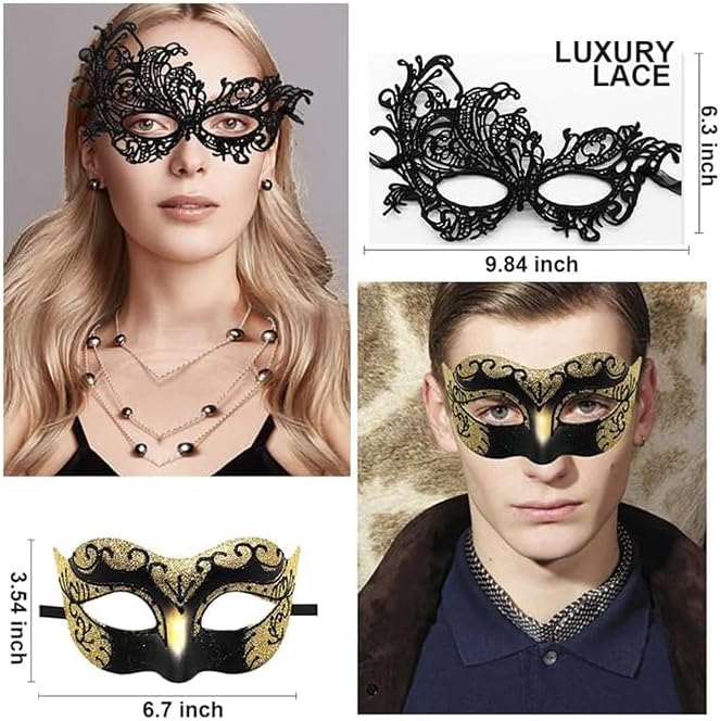 Masquerade Mask for Couples Lace Eye Mask Venetian Carnival Halloween Mask Party Ball Prom Mask Costume Mardi Gras 2Pack