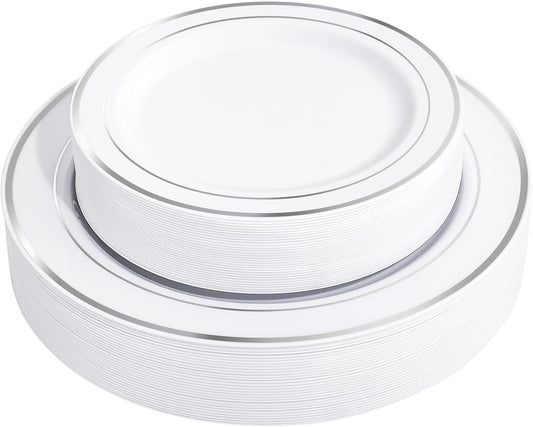 FLOWERCAT 60PCS Silver Plastic Plates - Heavy Duty White and Silver Plastic Plates Disposable - Include 30PCS 10.25inch Dinner Plates and 30PCS 7.5inch Dessert Plates for Wedding&New Year&Christmas
