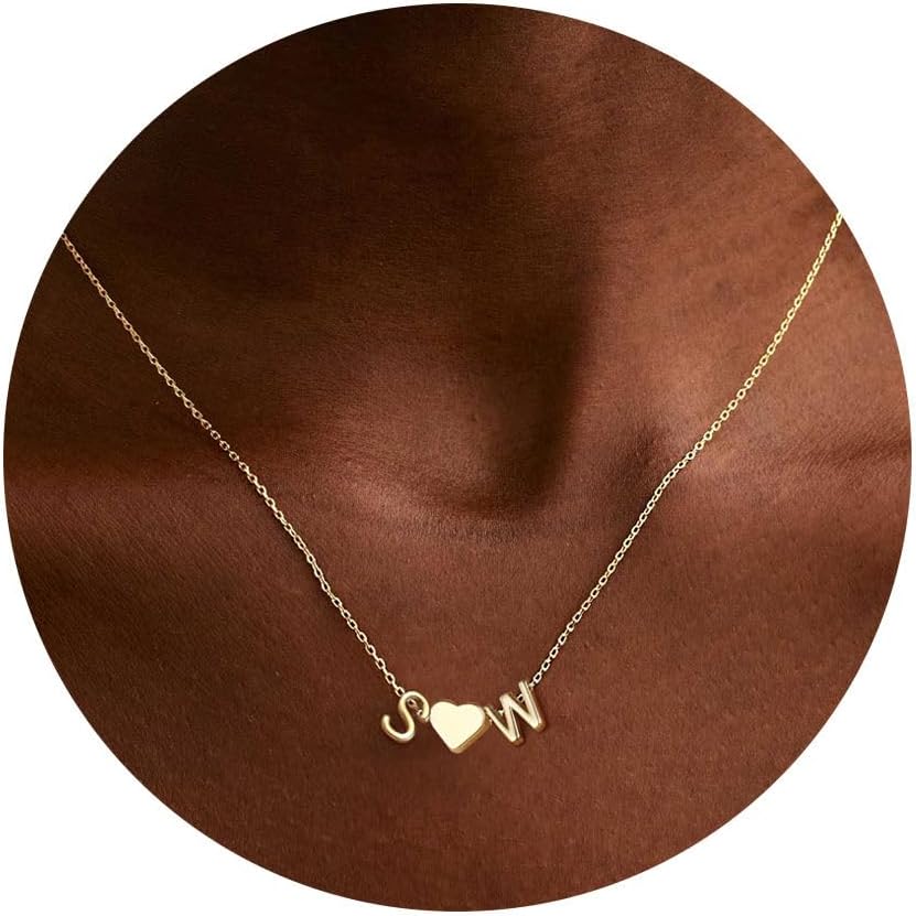 Turandoss Heart Initial Necklace for Women Teen Girls, 14K-Gold-Plated Dainty Letter A-Z Initial Necklace with Heart, Personalized Jewelry Birthday Gifts for Women