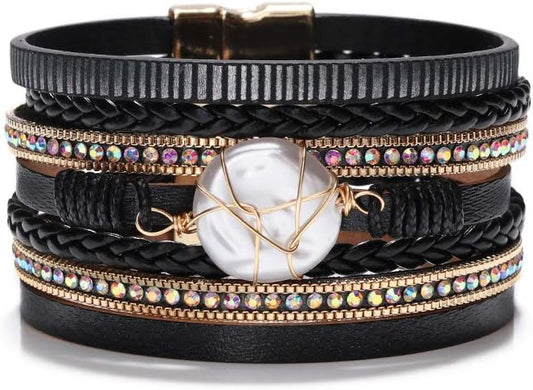 Fesciory Leopard Bracelet for Women, Boho Leather Wrap Multi-Layer Pearl Crystal Bracelet Bangle Jewelry