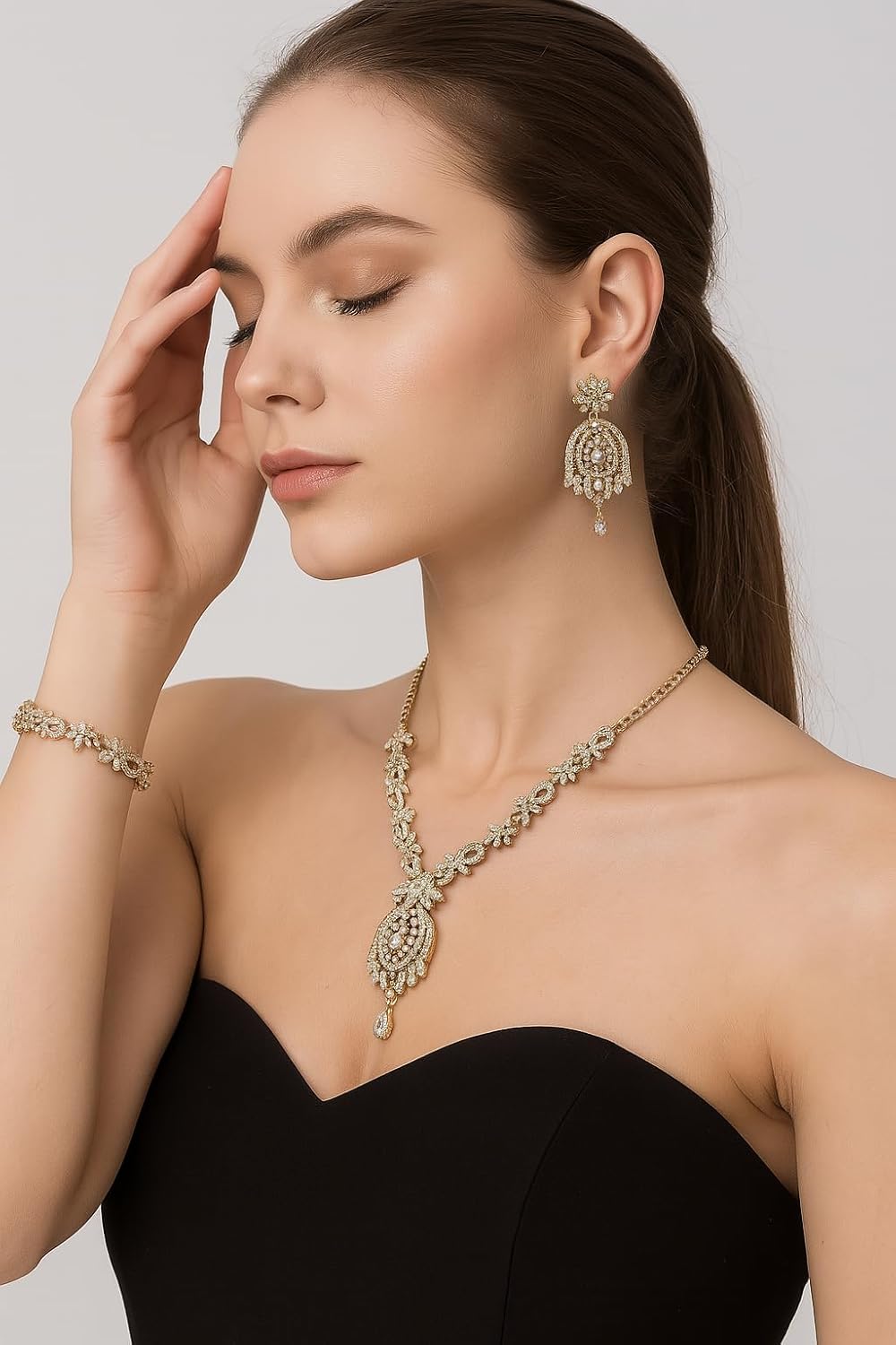 Touchstone Indian jewelry sets for women maang tikka wedding guest gold necklace bollywood jewellery set pageant elegant prom bride accessories western crystal chunky rhinestone necklaces