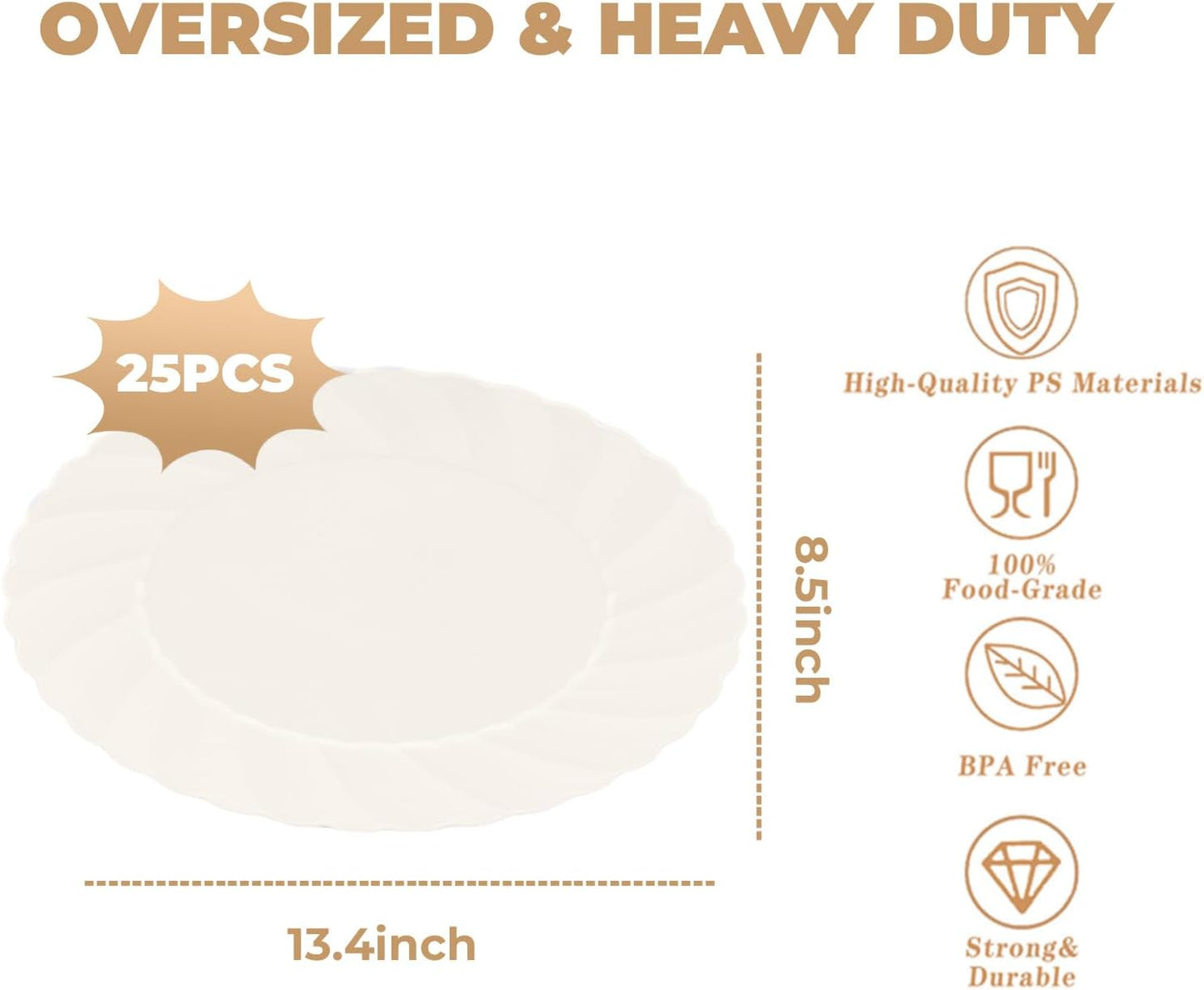 U-QE 25 Count Ivory Thanksgiving Plastic Plates - 13.4 inch Oval Plates Disposable Plates Heavy Duty For Big Eaters, Ivory Disposable Platters Ideal for Thanksgiving, Party, Picnic and Weddings