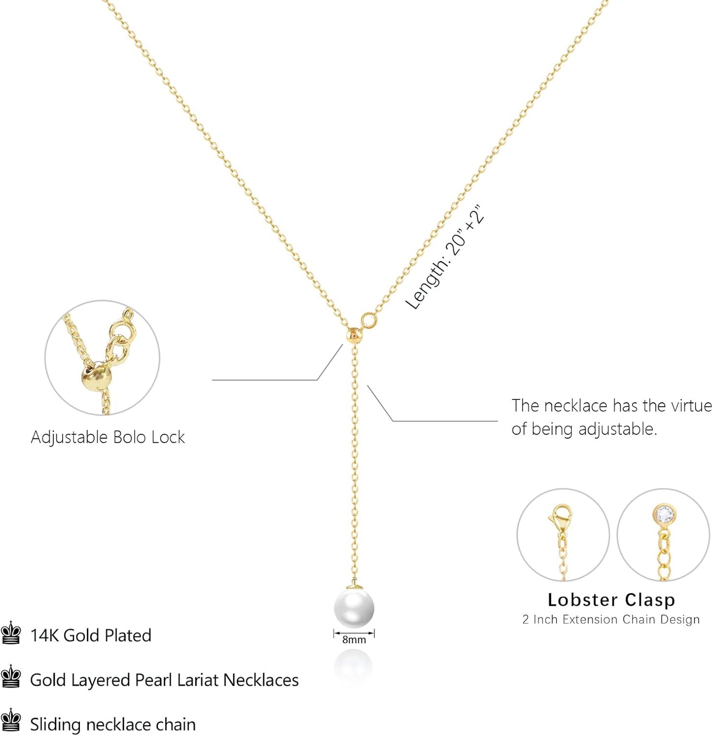 Luxval Lariat Gold Necklace for Women, Dainty Long Necklace 14k Gold Plated/Silver Y-Shaped Pendant Necklaces Trendy Beaded Chain Drop Necklaces Jewelry for Women Gifts