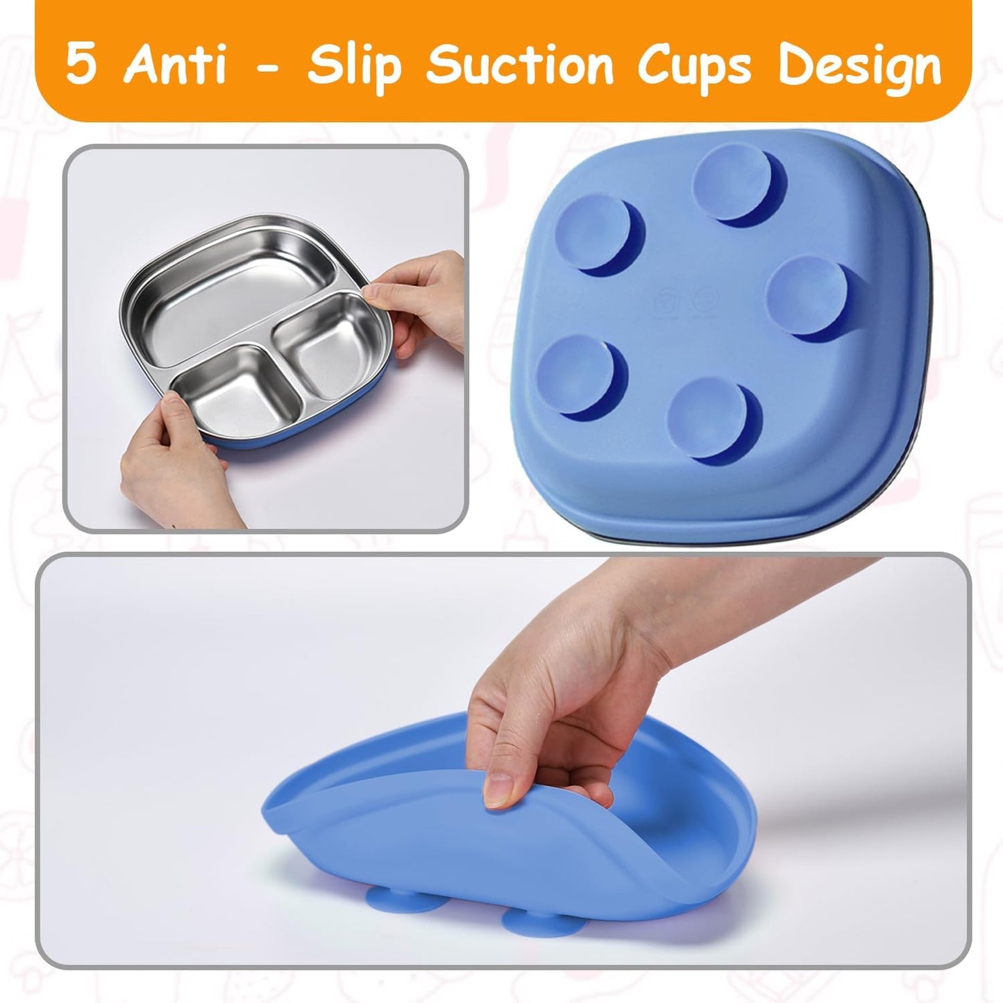 2 Pack Stainless Steel Kids Plates with Suction | 7.68" Spill-Proof High-Rim | 2 Spoons & Removable Sleeves | Microwave/Dishwasher Safe | BPA-Free, Non-Slip, Unbreakable Toddler Plates (‌Blue)