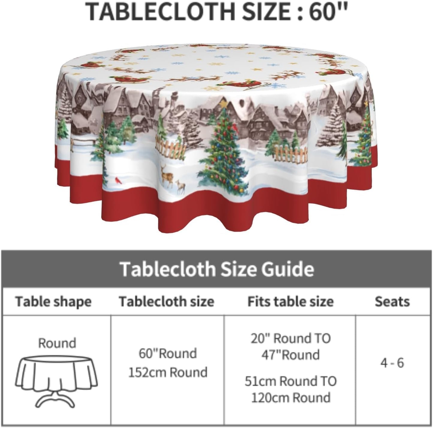 Giwawa 60in Christmas Round Tablecloth Santa Claus Sleigh Reindeer Table Cover Xmas Tree Winter Snowflakes Stain Resistant Waterproof Table Cloth for Kitchen Dining Holiday Indoor Outdoor Decor