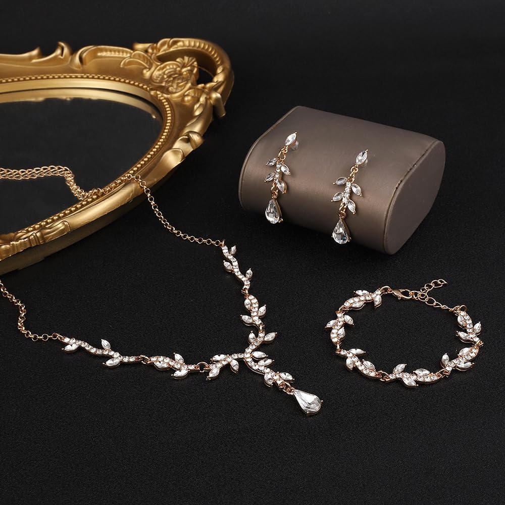 Crystal Necklace Earrings Bracelet Rhinestone Choker Necklace Bridal Wedding Jewelry Set For Brides Bridesmaid Women Party Accessory