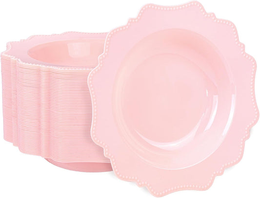 COLOSUS Pink Plastic Party Bowls (60 Pack) 12 Oz Disposable Soup/Salad Bowl, Fancy Shatterproof Dinnerware for Easter, Catering, Holidays, Weddings, and Everyday Use