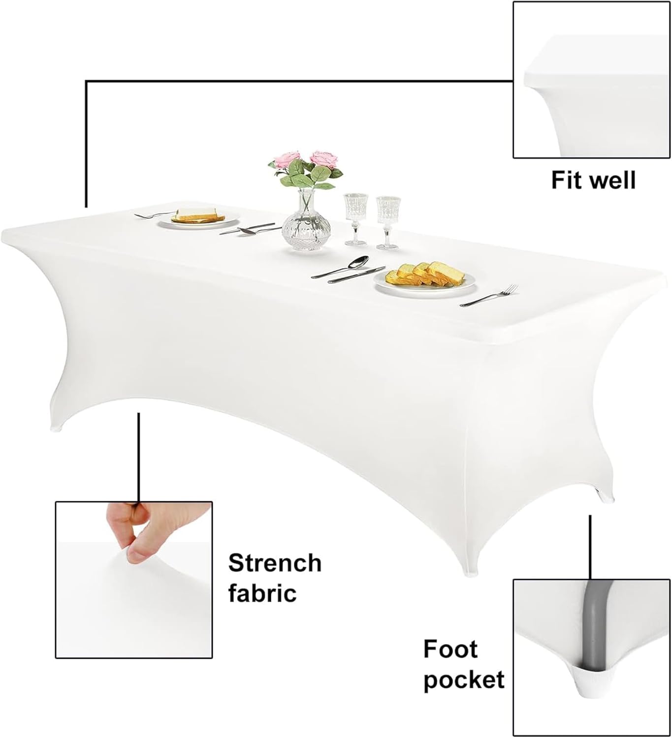 FORLIFE 6Pack Spandex Table Covers 6ft，Fitted Tablecloth for 6ft Rectangular Tables, Stretch Patio Table Covers, Universal Spandex Table Cover for Wedding, Banquet, Party - White
