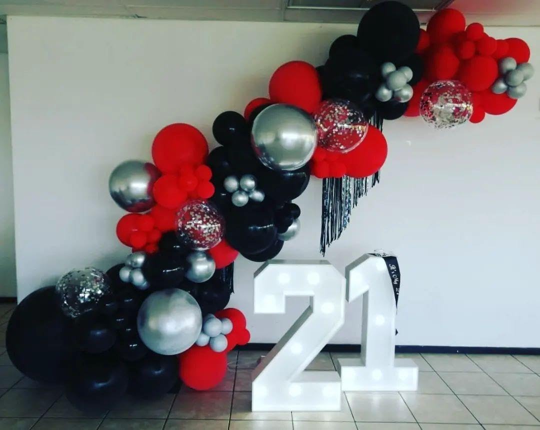 Red and Black Silver Balloon Arch Kit - 201Pcs Explosion Star Red Black Metallic Silver Balloon Garland kit Different Size Balloons for Anniversary Birthday Racing Car Poker Party Decoration