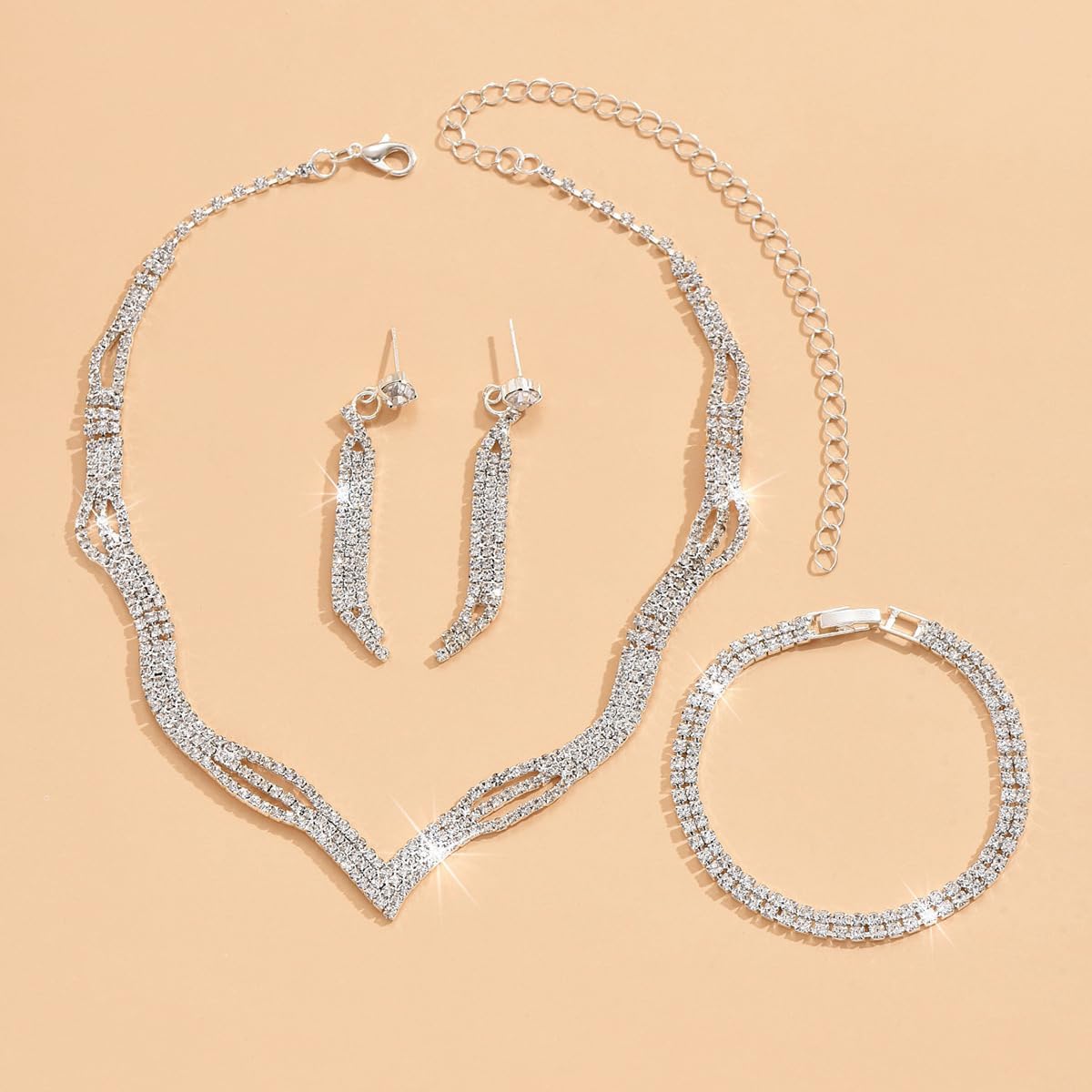 Prom Earrings Necklace Bracelet Set Elegant Crystal Rhinestone Necklace Earrings Bracelet Bridal Wedding Prom Dresses Costume Outfit Gold Jewelry Sets for Women