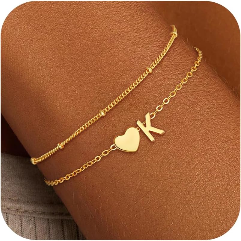 Christmas Gifts for Grandkids Teens Girls, 14K Gold Plated Heart Initial Bracelets for Women Girl Dainty Gold Bracelets Birthday Gifts Stocking Stuffers for Teen Girls Women Jewelry
