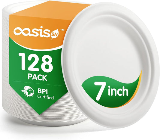 𝟕 𝐈𝐧𝐜𝐡, 𝟏𝟐𝟖-𝐏𝐚𝐜𝐤 Compostable Paper Plates, Heavy-Duty Biodegradable Disposable Dish Made from Bagasse, Perfeck for Snacks, Desserts, Party, Wedding and More (White)