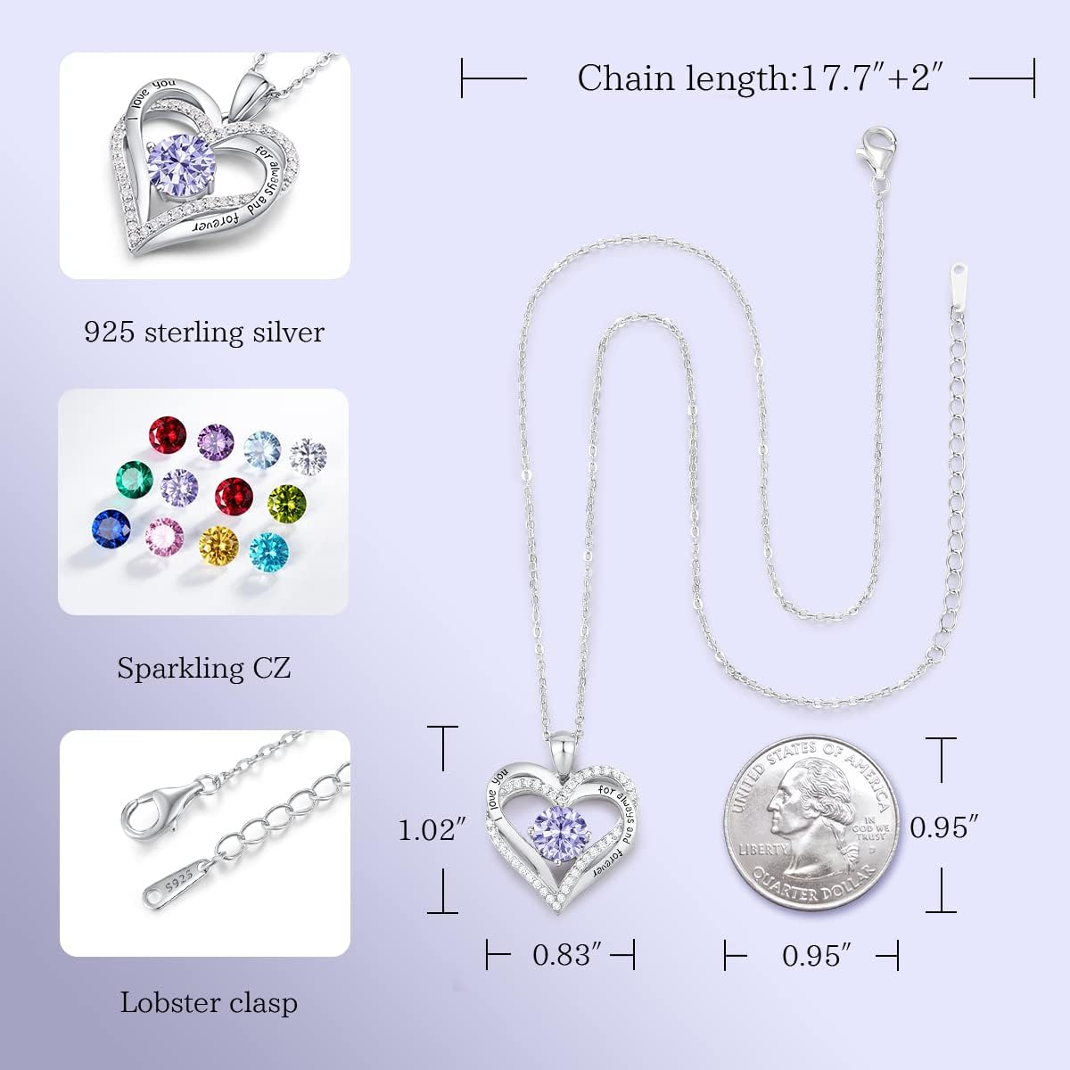 CDE Forever Love Heart Necklaces for Women, Wedding Anniversary, Birthday Mothers Day Christmas Day Gifts for Mom, Mother, Wife, friend, S925 Silver Jewelry with Birthstone Pendant