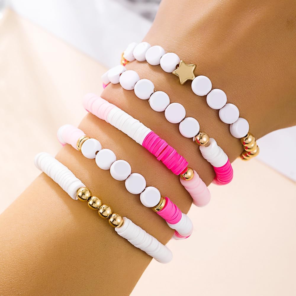 Friendship Bracelets for Women - Heishi Surfer Colorful Smile Evil Eye Clay Beaded Stretch Bracelets Elastic Layering - Stackable Boho Disc Y2K Aesthetic Summer Jewelry Set.