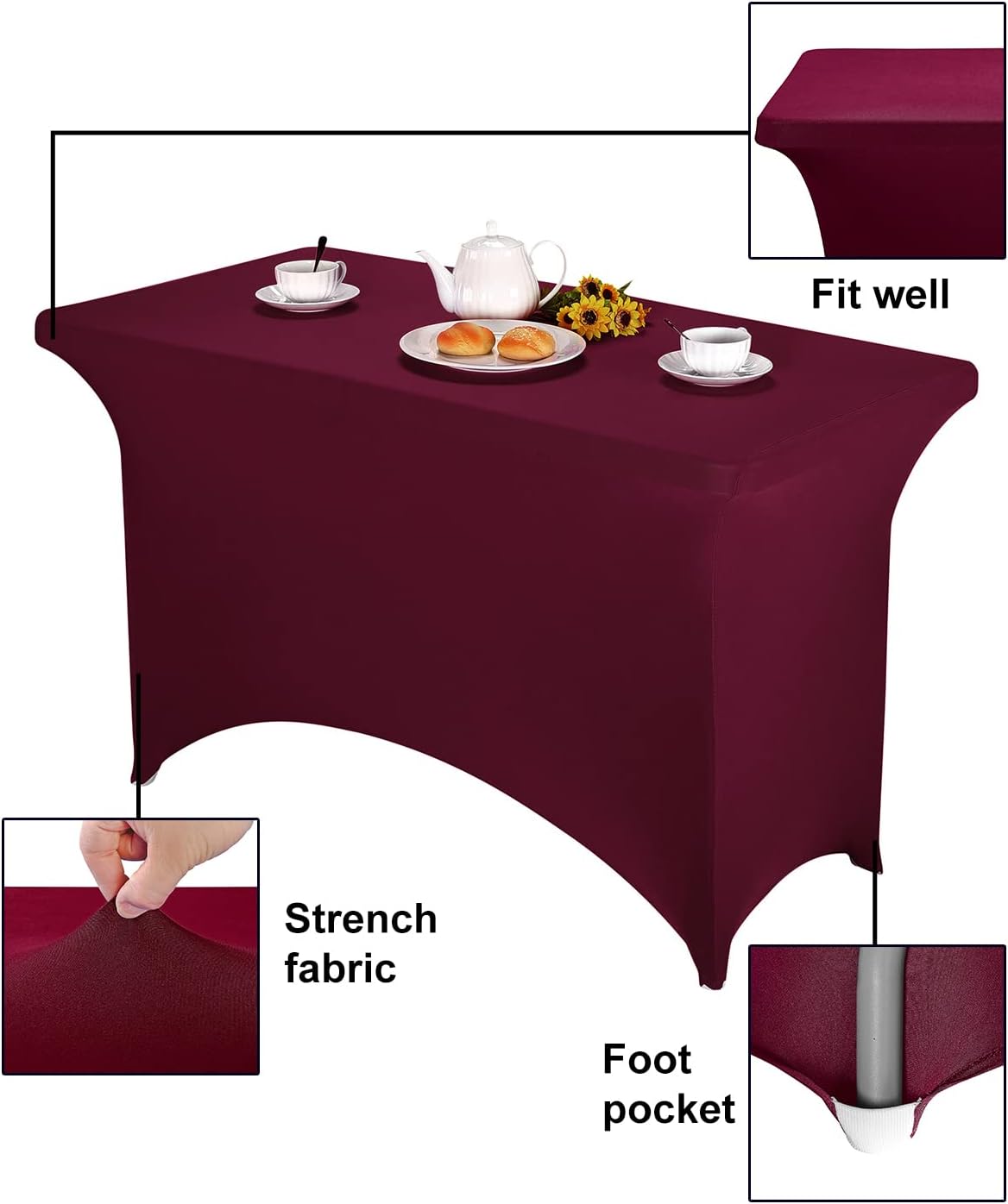 FORLIFE Burgundy Spandex Table Cover - Fitted 4ft Rectangular Tablecloth for Weddings, Banquets, Parties - Stretch Patio Cover